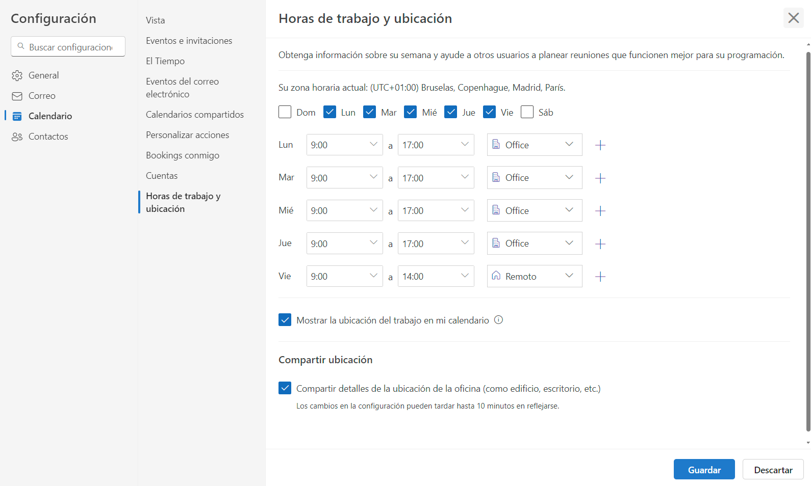 Configuración de las horas de trabajo y ubicación
